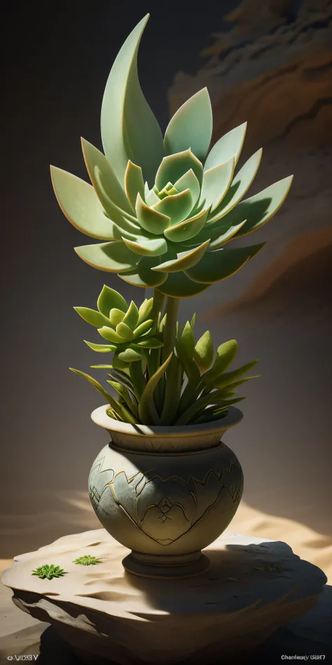 beste-Qualit, realisti, photo-realistic, ultradetailed, &quot;succulent grows from stone + faery + sand&quot; highly detailed porcelain carving &quot;southern desert&quot;, ultra wide angle, Accent lighting, voluminous lighting, back light, (detailed light...