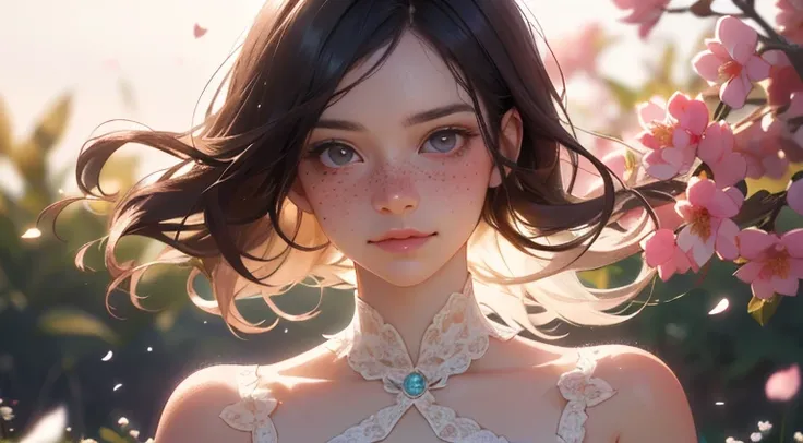 (best quality, masterpiece:1.2),ultra-detailed,(realistic,photorealistic,photo-realistic:1.37),1 beautiful and delicate portrait of a girl,playful and cute,with floating petals in the background,soft and dreamy lighting,pastel color palette,soft focus,vivi...