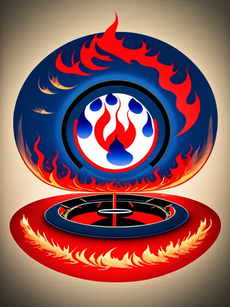 "JANG STATION" logo at the center of fire ring. Funky theme with base colors red, blue & white.