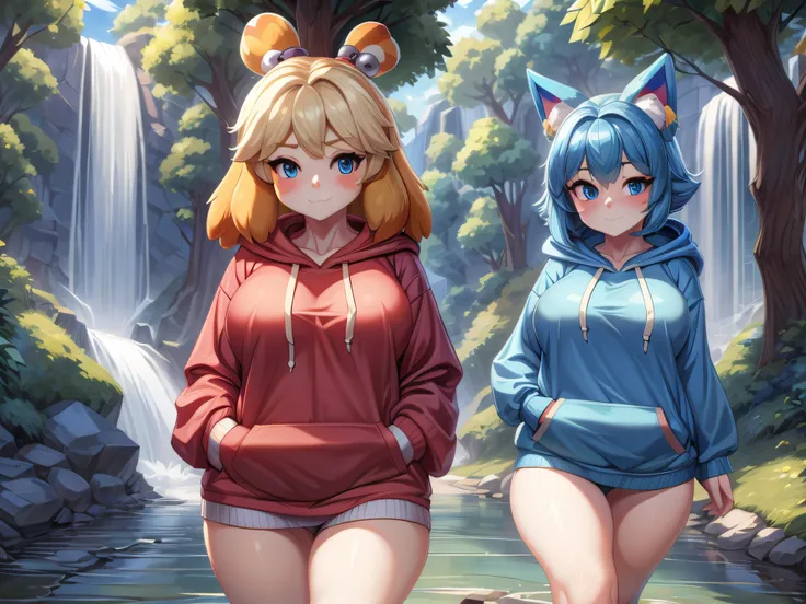 (Masterpiece) (High Detail) (High Res) A humanoid girl with pale skin and blue eyes and long blue hair and blue dog ears and a big fluffy dog tail and average breasts. She is in Animal Crossing and walking near a river and waterfall and has animal crossing...