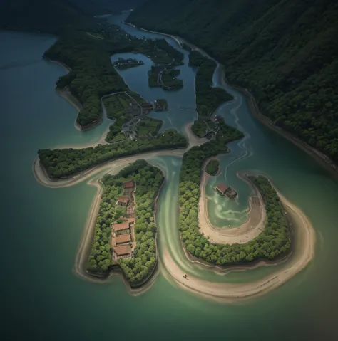 Overlooking，rios，Meandering，mountain water，Complicated details，hdr，（Complicated details，ultra - detailed：1.2）Cinema lenses，Vignette，at centre