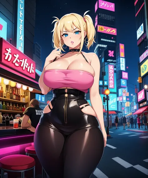 1girl,  (((bimbo))),hoop earrings, puffy lips, painted lips, thick lips. 
blonde hair, short twintails, wide hips, thick thighs, bursting breasts Nightlife, Night city, Cyberpunk city, futuristic cityscape. Neon lights, (skyscraper:1.1), Tokyo tower, palm ...