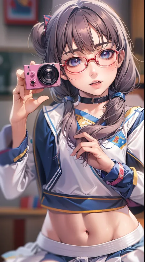 Anime - A woman with silk cheerleading and glasses takes a photo, small curvy loli, a hyperrealistic schoolgirl, a hyperrealistic schoolgirl, Loli in silk cheerleading, Cute anime waifu wearing nice cheerleading outfit, Smooth Anime CG Art, anime highly de...