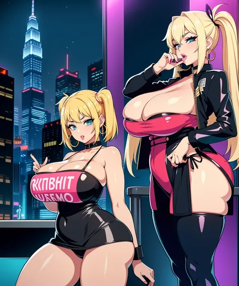 1girl,  (((bimbo))),hoop earrings, puffy lips, painted lips, thick lips. 
blonde hair, short twintails, wide hips, thick thighs, bursting breasts Nightlife, Night city, Cyberpunk city, futuristic cityscape. Neon lights, (skyscraper:1.1), Tokyo tower, palm ...