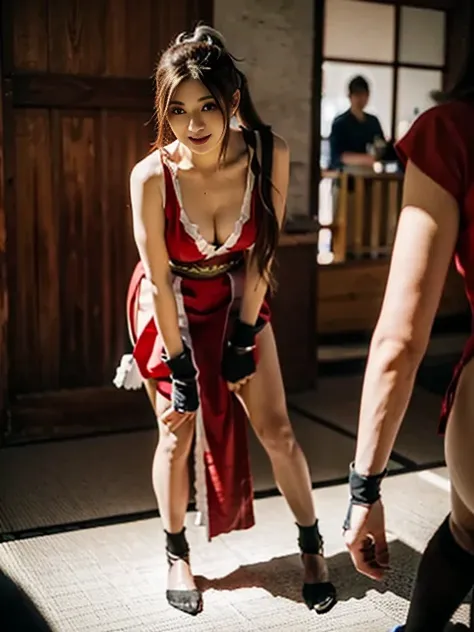 mai shiranui, Brown eyes, The toes are visible,The whole body is reflected,  Standing, Full body, Prestige, Long hair, Brown hair, White ribbon, Sleeveless, poneyTail, sash, pelvis curtain, arm guards, mitts, tabi, fascinated expression, Sexy eyes, medium ...