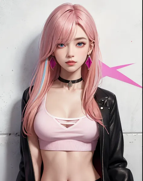 (masterpiece, best quality, 1girl, solo, intricate details, chromatic aberration), realistic, ((medium breath)),long hair, pink hair, red head ornament, pink highlights, hair over one eye,purple eyes, earrings, sharp eyes, choker, neon shirt, open jacket, ...