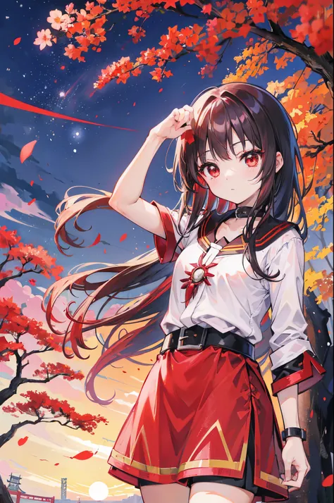 Megumin, red eyes, cabelos curtos, cabelos castanhos, com saia vermelha, noite, Japan, Tokyo, Sakura, deitada na grama, starly sky.