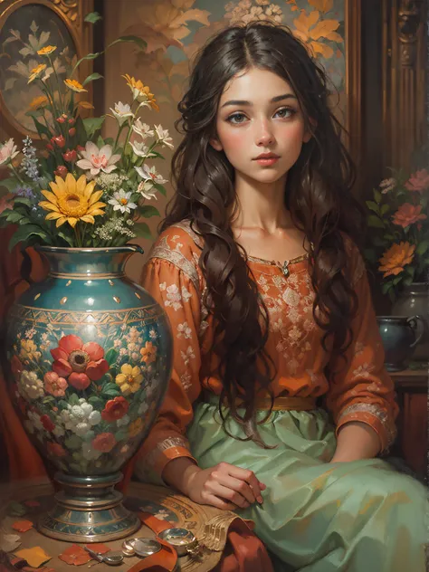 an oil painting，max noonenbruch &quot;girl with a vase&quot;, guviz style artwork,，artistic creativity:1.37