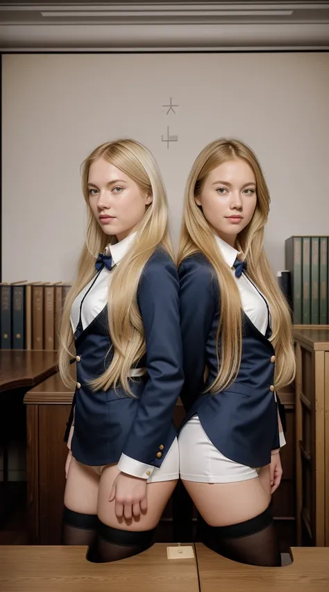 2 full body twins, long blonde hair, white skin, beautiful schoolgirls, long blonde hair, (fantasy library background), erotic photoshoot, bent over a desk, from front side, sexy uniform, shackles on legs, cow bell on neck, happy face, looking to the viewe...