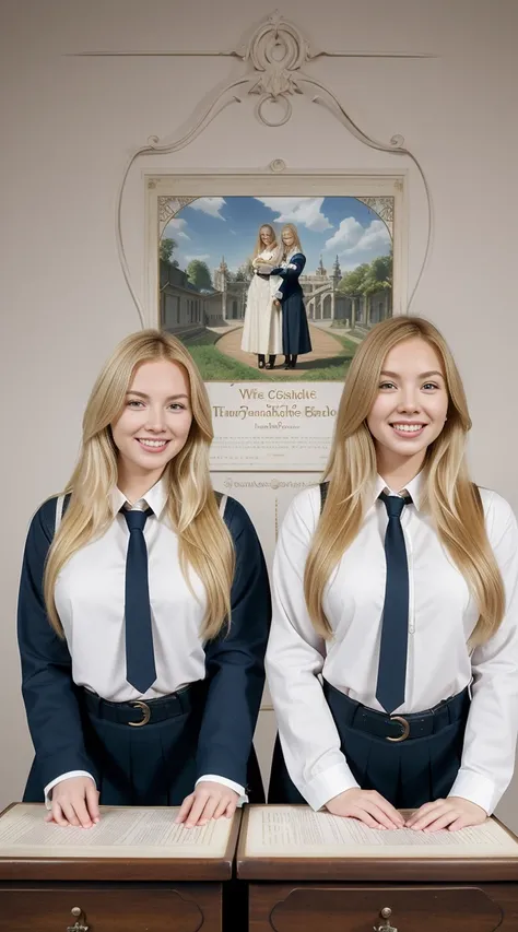 2 full body twins, long blonde hair, white skin, beautiful schoolgirls, long blonde hair, (fantasy library background), erotic photoshoot, bent over a desk, from front side, sexy uniform, shackles on legs, cow bell on neck, happy face, looking to the viewe...