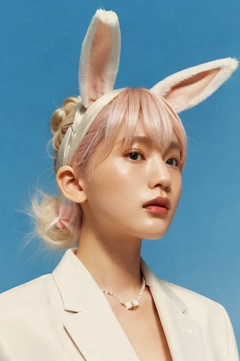 women are beige,20yr old、 white and pink gradation color hair、Vertical bun hair like rabbit ears、Pattsun bangs、Fashion Editorial