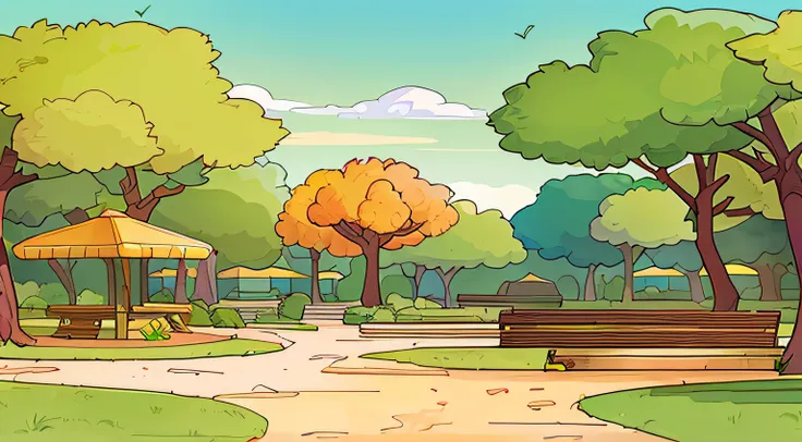 there is a park behind，there are benches and gazebos, park background, sunny park background, arte de fundo, sunny day，in park, ...