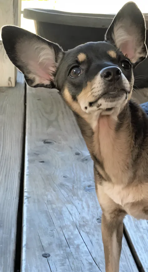 araffe dog standing on a wooden bench looking up at the camera, looking off to the side, looking away from camera, looking to the side off camera, very silly looking, looking away from the camera, looking from side!, looking to the side, looking to his lef...