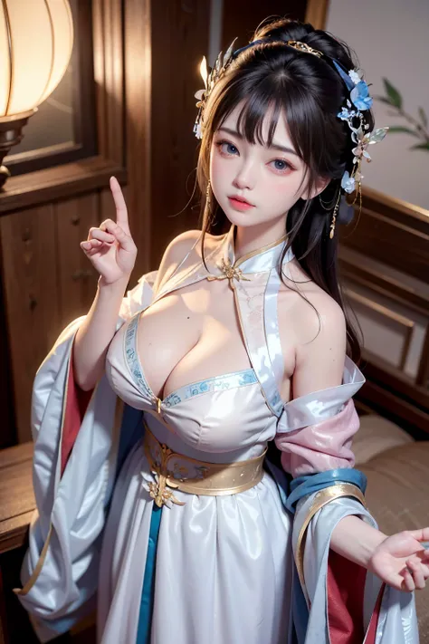 Wet-breasted Hanfu  dynasty open V-chested clothes royal Wet body of thin silk fabric, Thin silk lace petticoat,princess 8 yeald old cute, (huge boobs，cleavage),petticoat, white pink, blue ，best qualtiy，tmasterpiece，超高分辨率，（真实感：1.4），RAW photogr，（True skin t...