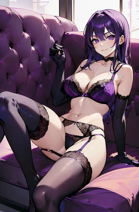 1girl,solo, (((lying sideway))), full body, (((on couch)), purple hair, (((lace-trimmed bra))), panties, ((garter belt)),(((black thighhighs))),on side, living room,on back,crossed legs, ((shirtless)), seductive smile,(((gloves))), choker,((sitting sideway...