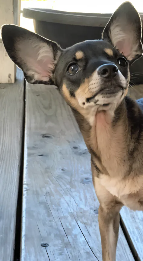 araffe dog standing on a wooden bench looking up at the camera, looking off to the side, looking away from camera, looking to the side off camera, very silly looking, looking away from the camera, looking from side!, looking to the side, looking to his lef...