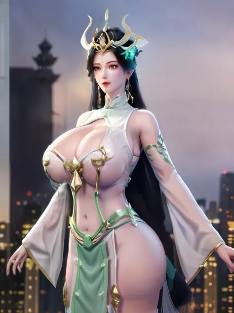 1个Giant Breast Girl,hair adornments,long whitr hair,耳Nipple Ring,Forehead imprints,a skirt,view over city,the night,a matural female,cow boy shot,looking at viewert, (huge fake breasts:1.5),longer sleeves, Chinese clothes,manicured,