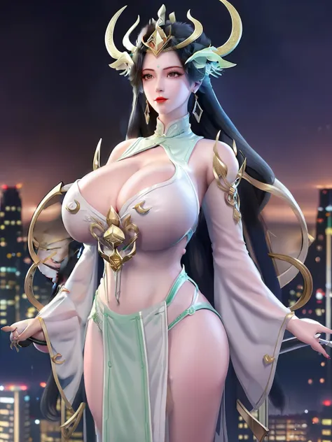 1个Giant Breast Girl,hair adornments,long whitr hair,耳Nipple Ring,Forehead imprints,a skirt,view over city,the night,a matural female,cow boy shot,looking at viewert, (huge fake breasts:1.5),longer sleeves, Chinese clothes,manicured,