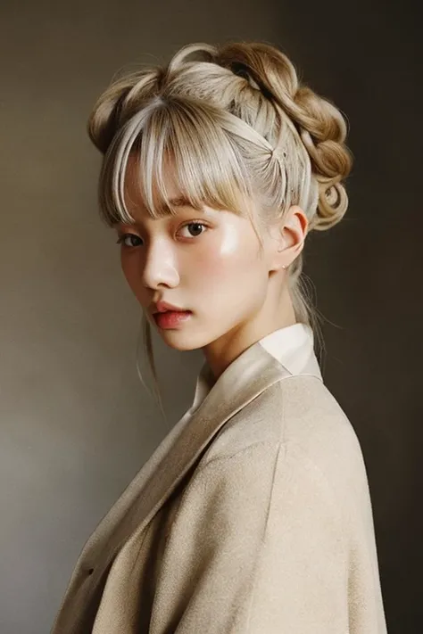 women are beige,20yr old、 beige and white gradation color hair、Hairstyle with two very large buns、Pattsun bangs、doress、Fashion Editorial