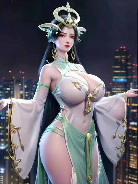 1个Giant Breast Girl,hair adornments,long whitr hair,耳Nipple Ring,Forehead imprints,a skirt,view over city,the night,a matural female,cow boy shot,looking at viewert, (huge fake breasts:1.5),longer sleeves, Chinese clothes,manicured,