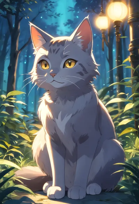 best quality,highres,(realistic:1.37),cute detailed gray cat in a dark fantasy setting,illustration,soft fur,shining eyes,whiskers,tail,sharp claws,golden collar,enchanted forest background,mystical atmosphere,magical glowing orbs,moonlit night,ethereal li...