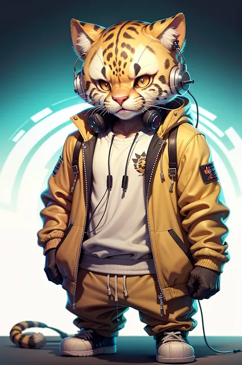 C4tt4stic, Cartoon cheetah in jacket and sweatpants, Wearing headphones,