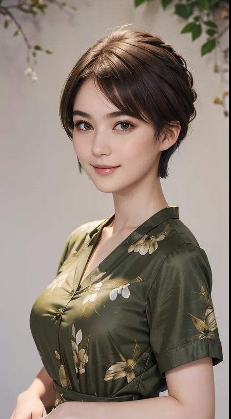 111
(a 20 yo woman,is standing), (A hyper-realistic), (high-level image quality), ((beautiful hairstyle 46)), ((short-hair)), (Gentle smile), (breasted:1.1), (wildlife print clothing)