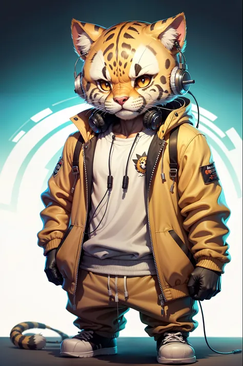 C4tt4stic, Cartoon cheetah in jacket and sweatpants, Wearing headphones,