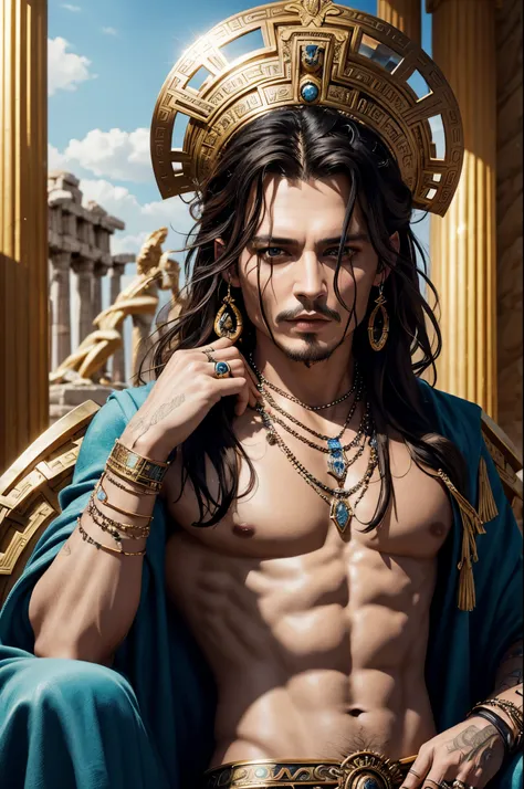 "Generate an AI image portraying Johnny Depp as a mythical Greek god, combining his features with iconic elements of Greek mythology, such as divine attire, accessories, and a backdrop inspired by ancient Greek aesthetics."