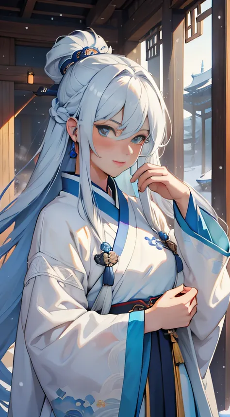 One dressed in blue，long, Flowing white hair、Alpha image of a woman with beautiful hairstyle，palaces，A girl in Hanfu，Very popular on cgstation，Guviz style artwork，Guwitz，Inspired by Du Qiong，Inspired by Ma Yuanyu，8K）），Cold winter，winter solstice，Wear thick...