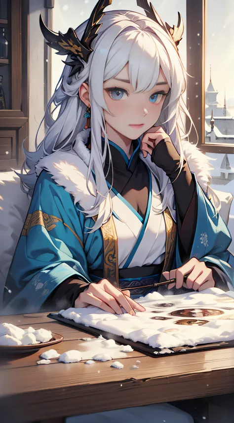 One wearing blue clothes，long, Flowing white hair、Alpha image of a woman with beautiful hairstyle，palaces，A girl in Hanfu，Very popular on cgstation，Guviz-style artwork，Guwitz，Inspired by Du Qiong，Inspired by Ma Yuanyu，8K）），Cold winter，winter solstice，Wear ...