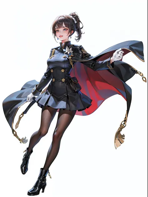 (((1girl in))),lily weiss,earrings,military uniform, black dress, cape, white gloves, pantyhose, high heel boots,((full body)),t...