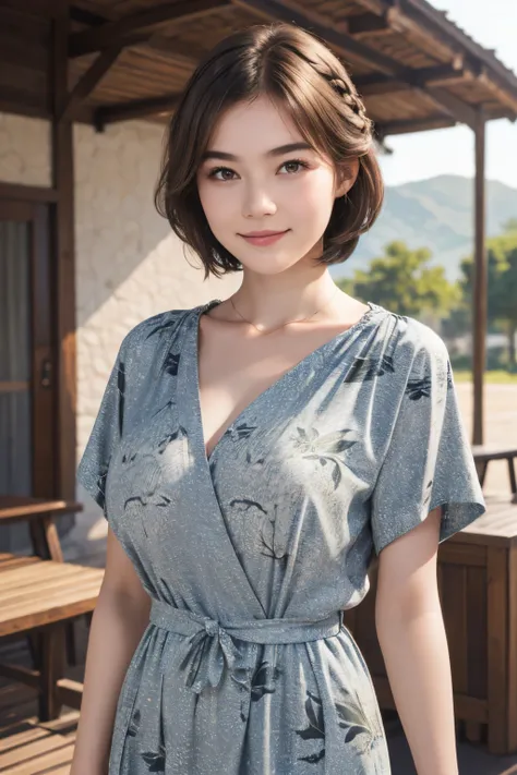 111
(a 20 yo woman,is standing), (A hyper-realistic), (high-level image quality), ((beautiful hairstyle 46)), ((short-hair)), (Gentle smile), (breasted:1.1), (wildlife print clothing)