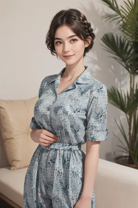 111
(a 20 yo woman,is standing), (A hyper-realistic), (high-level image quality), ((beautiful hairstyle 46)), ((short-hair)), (Gentle smile), (breasted:1.1), (wildlife print clothing)