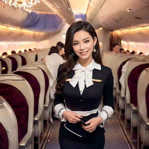 ((top-quality、masutepiece、8K、Top image quality、Hyper-Realism))、1 female stewardess、(photo of her upper body:1.5)、(Photo of a woman above the waist:1.5)、（Take a photo of her from the waist up:1.5)、(she walks gracefully down the aisle:1.3)、((The background i...