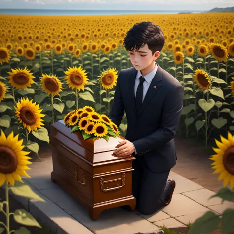 A dark-haired boy in a suit kneels in front of the coffin，Surrounded by a sea of sunflowers