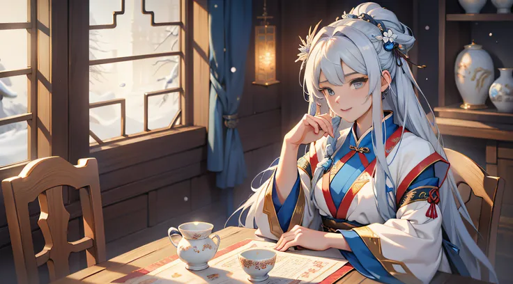 One dressed in blue，long, Flowing white hair、Alpha image of a woman with beautiful hairstyle，palaces，A girl in Hanfu，Very popular on cgstation，Guviz style artwork，Guwitz，Inspired by Du Qiong，Inspired by Ma Yuanyu，8K）），Cold winter，winter solstice，Wear thick...