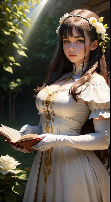 Beautiful Young Witch, His face is illuminated by the bright rays of the sun, The girl is dressed in a white dress, The perfect female face of the goddess, Деталь 8k, photo realistic style, sharp-focus, Professional lighting, colorful details, The painting...