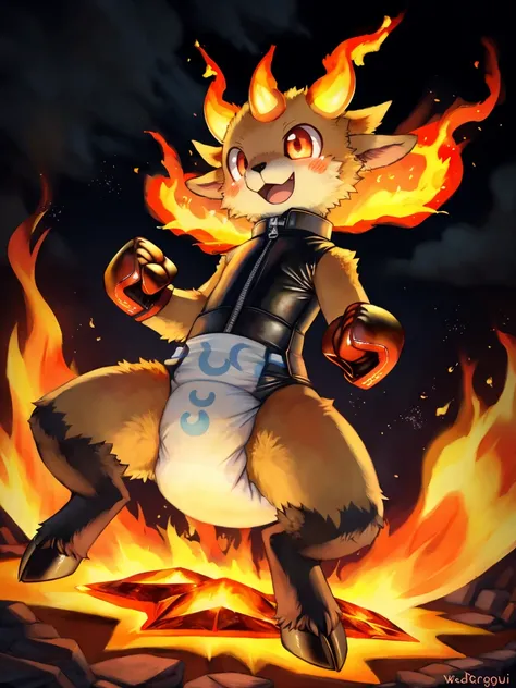 ((by wadorigi on Twitter)(Lamb)), pokemon, kid proportions, cute, adorable  , thin thighs, hooves,  upper limb hooves, light orange fur, horns made of magma ,( flames on surroundings), surrounded by flames , fire on background, wearing soggy messy padded  ...