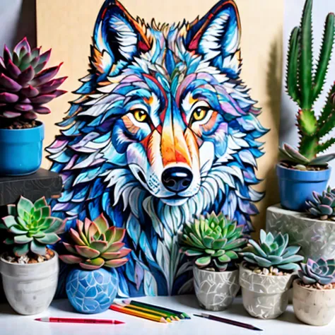 stunning angle, an experienced artist carefully crafting a paper depiction of a wolfs countenance on a table, skilled hands of an elderly artist bringing to life a stunning illustration of a wolfs visage on a table, adorned with lush succulents and a breat...