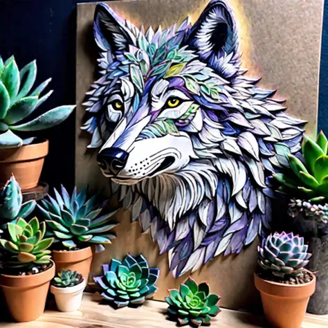 stunning angle, an experienced artist carefully crafting a paper depiction of a wolfs countenance on a table, skilled hands of an elderly artist bringing to life a stunning illustration of a wolfs visage on a table, adorned with lush succulents and a breat...