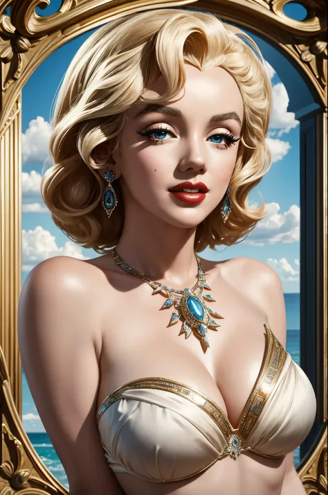 "Generate an AI image depicting Marilyn Monroe transformed into a mythical Greek goddess, incorporating elements of classic Greek mythology and aesthetics."