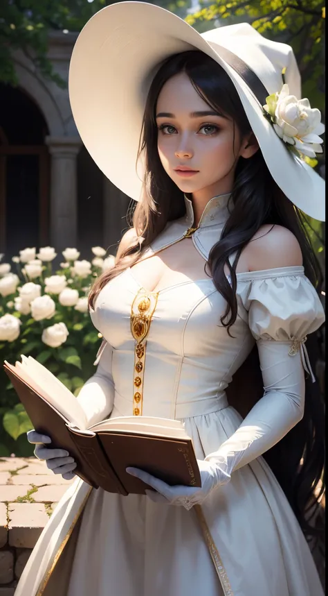 Beautiful Young Witch, His face is illuminated by the bright rays of the sun, The girl is dressed in a white dress, wide-brimmed cap on the head, The perfect female face of the goddess, Деталь 8k, photo realistic style, sharp-focus, Professional lighting, ...