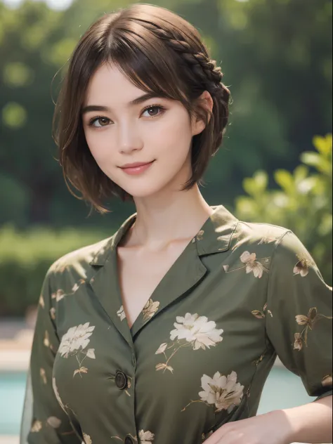 111
(a 20 yo woman,is standing), (A hyper-realistic), (high-level image quality), ((beautiful hairstyle 46)), ((short-hair)), (Gentle smile), (breasted:1.1), (wildlife print clothing)