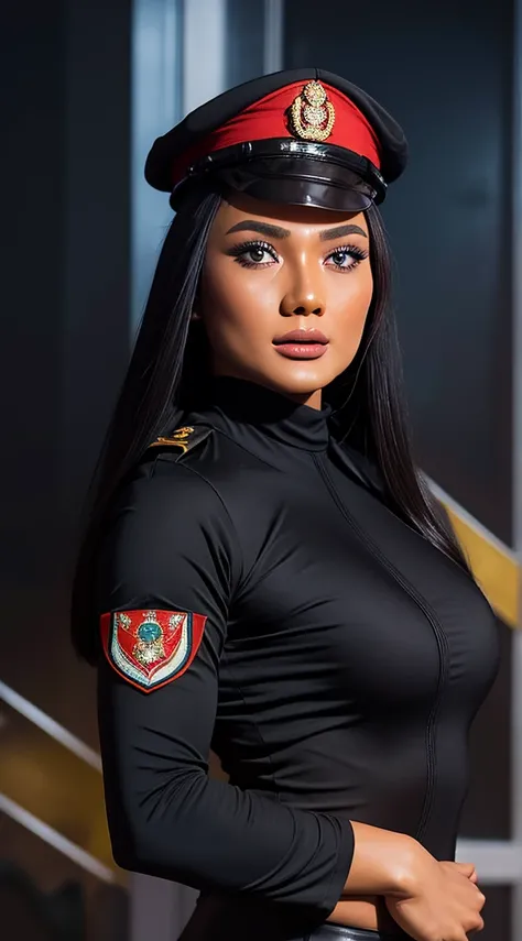 Photo realistic. Intricate details. A female soldier. Beautiful face. Indonesia-Russia morphed face. 23 years old. Wearing a black hijab and a berret. Wearing a black Indonesia Army uniform. Indonesias red-white badge on her uniform. 
Fit and slim body. Ca...