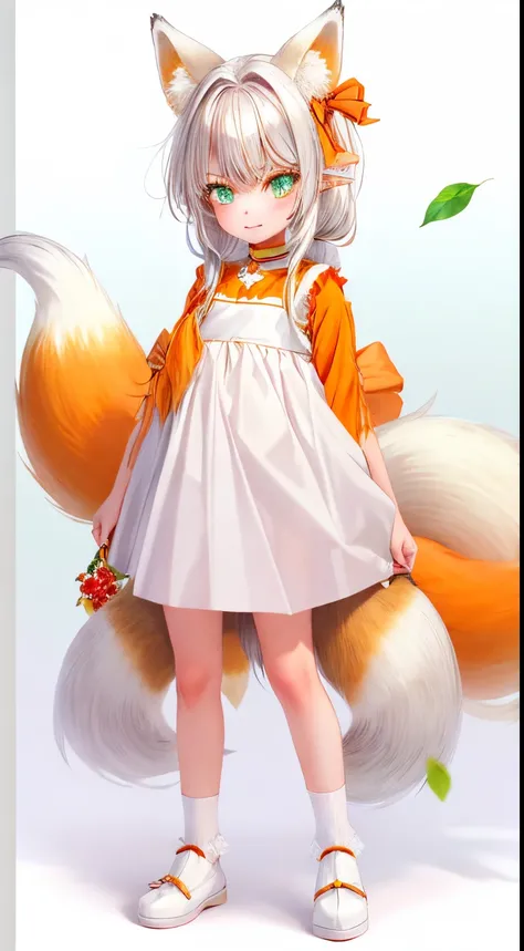 A little girl has fox ears，5 elegant fox tails，green-eyed，silvery white hair，orange clothes，White tail