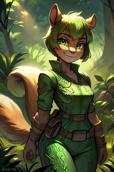 1 squirrel girl, jadeite eyes, squirrel ears, squirrel tail, medium hair, (seductive smile:0.8), adventure suit, waist pouch, (tights:0.8), forest temple, dappled sunlight, sharp focus, looking at viewer, cowboy shot, (intricate:1.2), (light green theme:1....