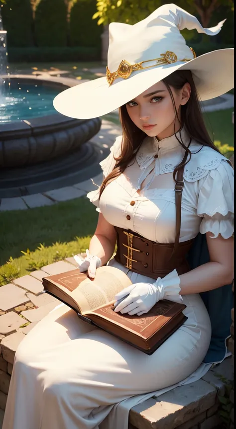 Beautiful Young Witch, sitting by the fountain, His face is illuminated by the bright rays of the sun, The girl is dressed in a white dress, wide-brimmed cap on the head, The perfect female face of the goddess, Деталь 8k, photo realistic style, sharp-focus...