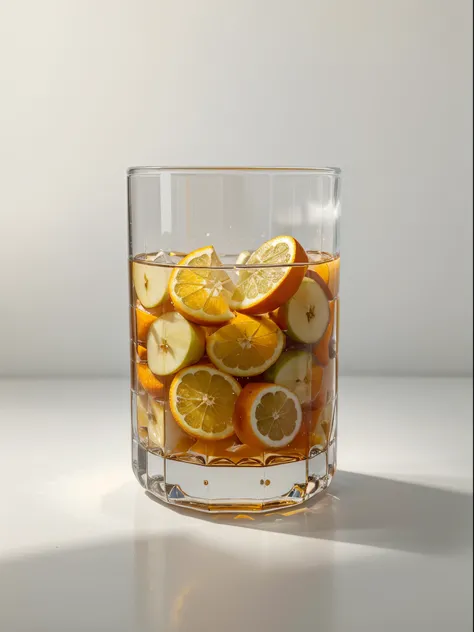 （Best quality，8K，Masterpiece：1.3），NOhumans，Clear glass，There are a lot of sliced pear in it、Oranges cut into cubes, blend, detalhe poderoso, intense detail, on the white background, Clear detail, professional,（Hyper-realistic：1.3）