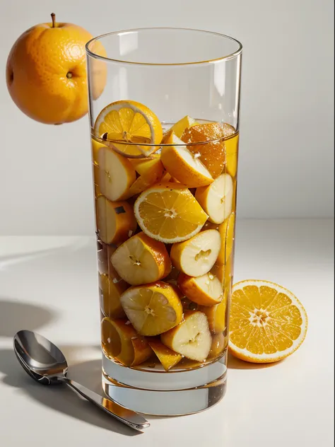 （Best quality，8K，Masterpiece：1.3），NOhumans，Clear glass，There are a lot of sliced pear in it、Oranges cut into cubes, blend, detalhe poderoso, intense detail, on the white background, Clear detail, professional,（Hyper-realistic：1.3）